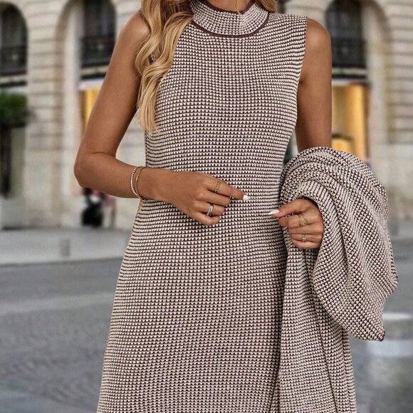 brown Casual Women's Long Sleeve Cardigan & Stand Collar mini dress set - Picture 6 of 6